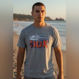 Huk Gray T-Shirt with Blue and Orange Fish Design